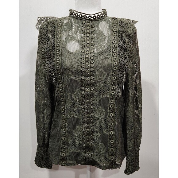 Cable & Gauge Tops - Nwt Cable & Gauge Olive Green Lace Mock Neck Long Sleeve Blouse, S